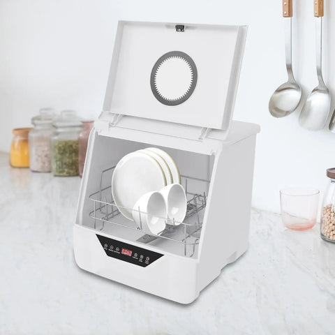 Ace Portable Countertop Dishwasher With Four Smart Wash Modes And Turbo 360 Spray For Zero Drama No Sweat Sanitizing In Small Apartments Tiny Homes And Rv Camper Gear Where Counter Space Is Limited But Results Better Be Boss Level, showcasing plates and bowls inside.
