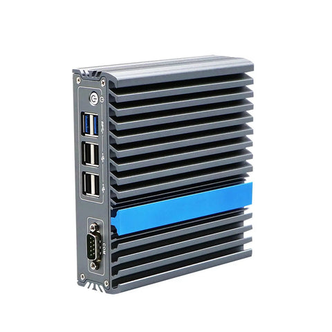 Built Like A Tank Fanless Industrial PC Featuring Intel Celeron J3710 Or J3160 showing rear ports, industrial design, and aluminum casing.