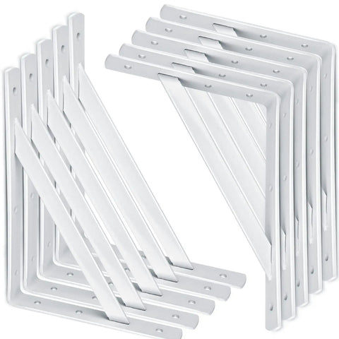 Ten Pack Heavy Duty Shelf Triangle Brackets 12 Inch Long By 8 Inch High Right Angle L Braces For Floating Shelves Black With Screws Built To Last Tough As Nails Each Pair Supports Up To 1200 Lbs, shown stacked.