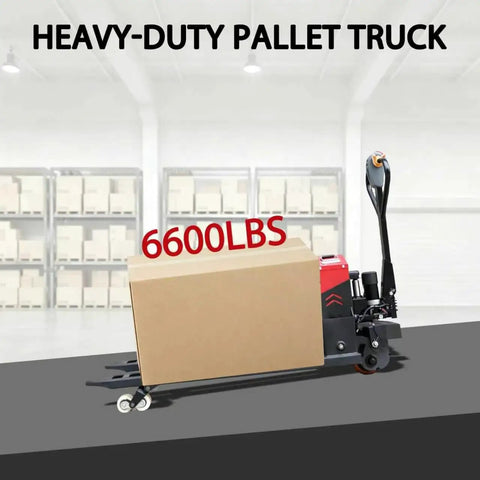 Heavy Duty Electric Pallet Jack 6600 Lb Capacity Warehouse Material Handler transporting a large cardboard box indoors.