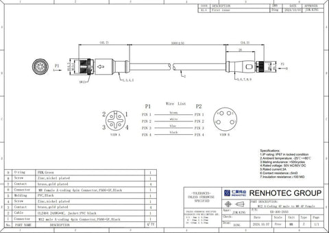Technical drawing of Dual End M12 to M8 Connector Cable, 4 Pin A Code Male to A Code Female, dimensions and material details listed