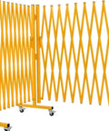 Crew Certified Expandable Metal Barricade With Heavy Duty Roller Casters And Quick Break Down Scissor Gate shows yellow scissor gate with wheels.