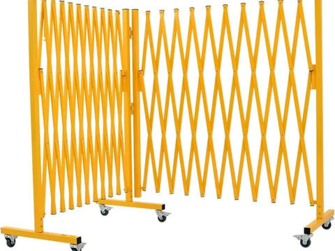 Crew Certified Expandable Metal Barricade With Heavy Duty Roller Casters And Quick Break Down Scissor Gate shows yellow scissor gate with wheels.