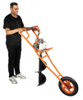 Person operating Powerful Gas Powered Earth Auger Post Hole Digger 63cc 3HP 2 Stroke with 11 Inch Bit and wheel transport