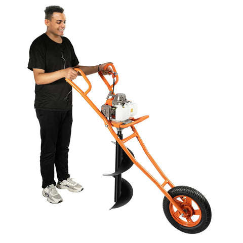 Person operating Powerful Gas Powered Earth Auger Post Hole Digger 63cc 3HP 2 Stroke with 11 Inch Bit and wheel transport