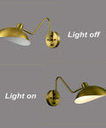 Plug In Wall Sconce Set Of 2 With Adjustable Swing Arm In Gold Brass Finish Easy On Off Switch; showing sconce light on and off