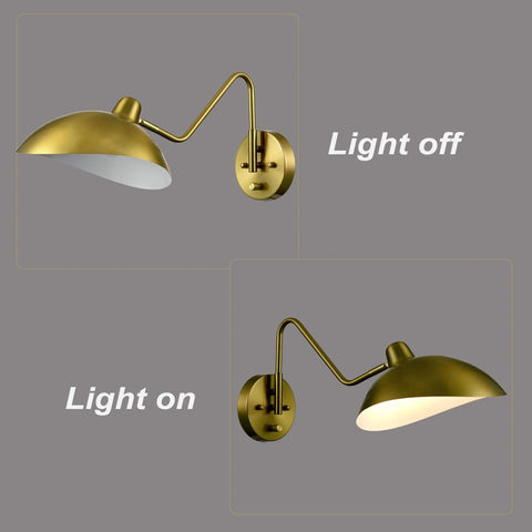 Plug In Wall Sconce Set Of 2 With Adjustable Swing Arm In Gold Brass Finish Easy On Off Switch; showing sconce light on and off