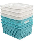 Six Pack Plastic Storage Bins Blue And White With Hollow Out Design For Quick Easy Organization And Grab And Go Storage