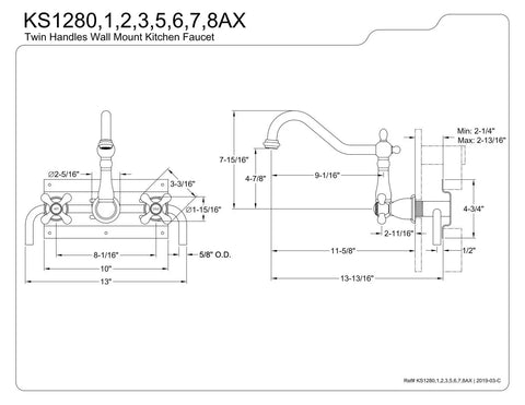 Technical drawing of Heritage Wall Mount Kitchen Faucet Polished Chrome With Solid Brass Construction, dimensions labeled.