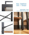 Close-up of the iron frame details and adjustable feet on the Industrial Style Four Tier Floor Bookshelf And Plant Stand with Dope Space Saving Trapezoid Design in Brown