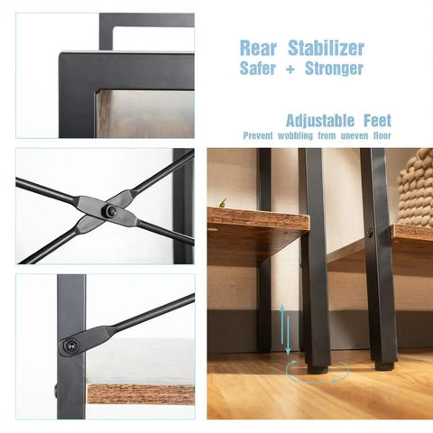 Close-up of the iron frame details and adjustable feet on the Industrial Style Four Tier Floor Bookshelf And Plant Stand with Dope Space Saving Trapezoid Design in Brown