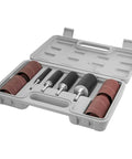 Garage Grade Drill Press Sanding Drum Kit delivers four long barrel arbors and sixteen sanding bands neatly tucked in a molded case.