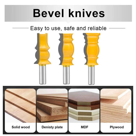 One Half Inch Shank Crown Molding Router Bit Set Three Piece For Edge Forming And Corner Rounding On Doors And Cabinets