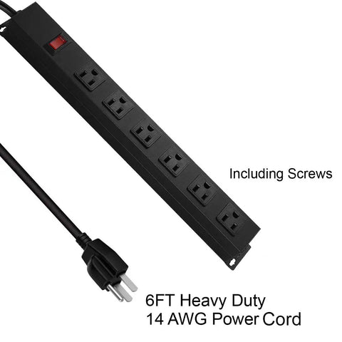 Wall Mount Power Strip With Six Wide Spaced Outlets And Built In Switch, Aluminum Alloy Mount Socket, 6 Ft SJT Three Conductor 14AWG Cord