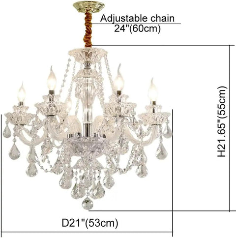 Six Light Crystal Chandelier With K9 Clear Crystals, Modern Ceiling Pendant Lighting Fixture, 24in diameter, adjustable chain