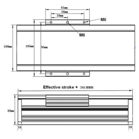 Technical drawing of Heavy Duty CNC Linear Motion Rack Guide Rail System In Aluminum With 200Mm SFU1605 Electric Actuator dimensions.