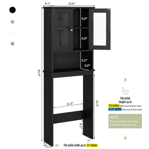 Over The Toilet Storage Cabinet For Bathroom, Black Space Saver With Two Tempered Glass Doors, Wood Construction CARB P2 Compliant