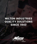 Person working on a car engine, wearing gloves, with text 'Milton Industries Quality Solutions Since 1943' overlaid.