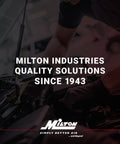 Technician working on vehicle engine with focus on Milton Industries branding, highlighting quality solutions since 1943.