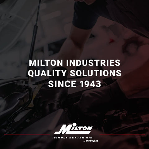 Technician working on vehicle engine with focus on Milton Industries branding, highlighting quality solutions since 1943.