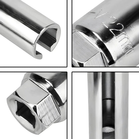 Top Tier Offset Oxygen Sensor Socket 7/8 Inch And 22 Millimeter With Wire Gate Access For Quick Side Reach showing chrome vanadium steel details.