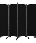 Six Foot Folding Privacy Screen With Lockable Wheels, 4-Panel Room Divider For Home, Dorm, Studio, And Office, Freestanding 88 Inch Wide Fabric Wall Partition In Black