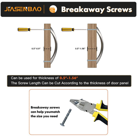 Breakaway screws for adaptable installation with cabinet hardware, showing adjustable length for door panel thickness 0.5"-1.56".
