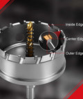 Front view of BEoffer 4-inch tungsten carbide tipped hole saw with spring-loaded pilot bit