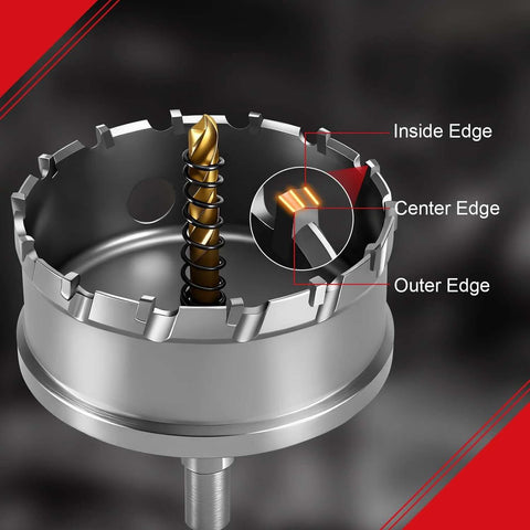 Front view of BEoffer 4-inch tungsten carbide tipped hole saw with spring-loaded pilot bit