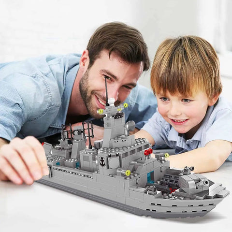 Destroyer Battleship Building Set With 528 Pieces For Kids And Adults Interactive Warship Model With Rotating Main Guns Realistic Deck Details Durable Build Great For STEM Play Imaginative Ocean Warfare Creations, father and child building gray navy ship