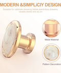 Gold round cabinet knob with pattern, part of 10 Pack Round Cabinet Knobs And Drawer Pulls Set For Kitchen Cupboard Doors, Slick Zinc Alloy Construction, 1.18 Inch Diameter, Includes 0.7, 1.0, And 1.26 Inch Mounting Screws, Easy Upgrade For Cabinets And Dressers.