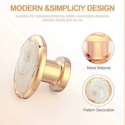 Gold round cabinet knob with pattern, part of 10 Pack Round Cabinet Knobs And Drawer Pulls Set For Kitchen Cupboard Doors, Slick Zinc Alloy Construction, 1.18 Inch Diameter, Includes 0.7, 1.0, And 1.26 Inch Mounting Screws, Easy Upgrade For Cabinets And Dressers.