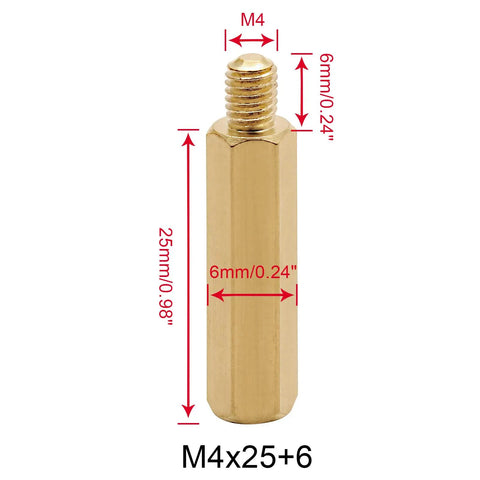 Genuine Solid Brass Hex Standoffs M4 X 25mm By 6mm Spacers With Male Female Threads 30 Piece Kit showing a single brass standoff with dimensions.