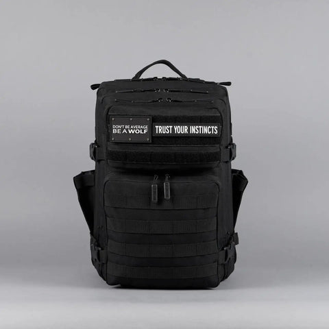 Front view of black 35L Tactical Gym Backpack Built For Everyday Use, Tough As Nails 1000D Waterproof Oxford Fabric with MOLLE Webbing.