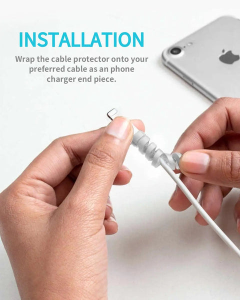 Person installing Silicone Cable Protectors 12 Pack For Phone Tablet Laptop And Charger Cables Durable Saver End Caps Grey