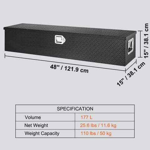 Road Ready Heavy Duty Aluminum Truck Bed Toolbox Featuring Diamond Plate Shield And Tamper Proof Latching For Rough Daily Runs And Tailgate Chasing 48 Inch Black Storage Case with measurements and specifications.