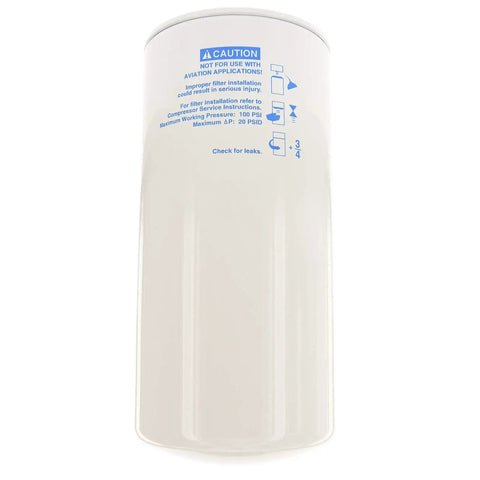 Premium Spin On Oil Filter For Air Compressors Heavy Duty Replacement showing white cylindrical design with caution labels for safety.