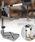 No Fuss Universal Drill Press Stand With Rock Solid Aluminum Base For Quick Workbench Clamping showing adjustable depth and drill mount.