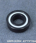 Top Tier Silicon Nitride Full Ceramic Ball Bearings Model 6009 With PTFE Cage And 45X75X16MM Specs on gray background.