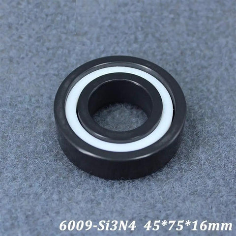 Top Tier Silicon Nitride Full Ceramic Ball Bearings Model 6009 With PTFE Cage And 45X75X16MM Specs on gray background.