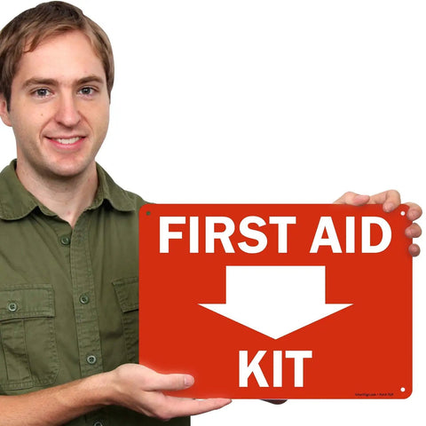 First Aid Kit Sign With Down Arrow 10 By 14 Inches Durable Plastic HDPE 55 Mil Weatherproof Indoor Outdoor Safety Sign Pre Punched Mounting Holes And Clear Arrow Lead For Easy Installation displayed by person
