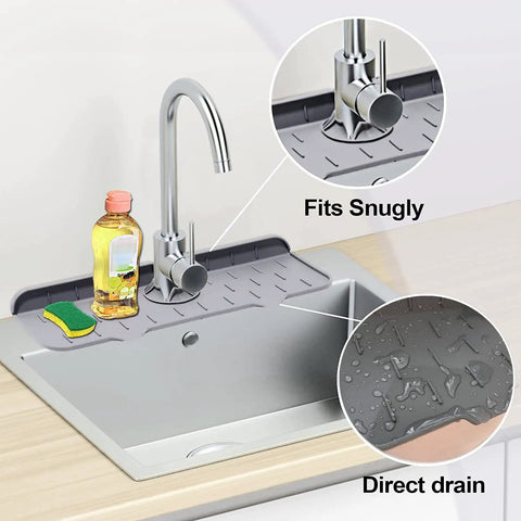 Set of 3 Silicone Faucet Drip Catchers for Kitchen Sink, non-slip splash guard mat shown fitting snugly around faucet