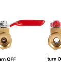 Two Pack One Quarter Inch Heavy Duty Brass Ball Valve Shut Off For Air Compressors with 180 Degree Handle shown in OFF and ON positions.