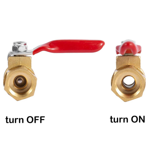 Two Pack One Quarter Inch Heavy Duty Brass Ball Valve Shut Off For Air Compressors with 180 Degree Handle shown in OFF and ON positions.