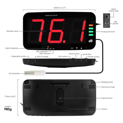 Pro Grade Decibel Meter And Sound Level Meter With 13 Inch HD Display And Wall Mount, showing front and back views with labeled features