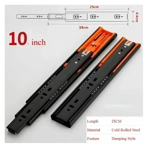 Top Shelf Heavy Duty Metal Buffer Drawer Slides Pair Bottom Mounted Concealed Design Soft Close Smooth Gliding Professional Cabinet Hardware, 10 inch length and cold rolled steel material.