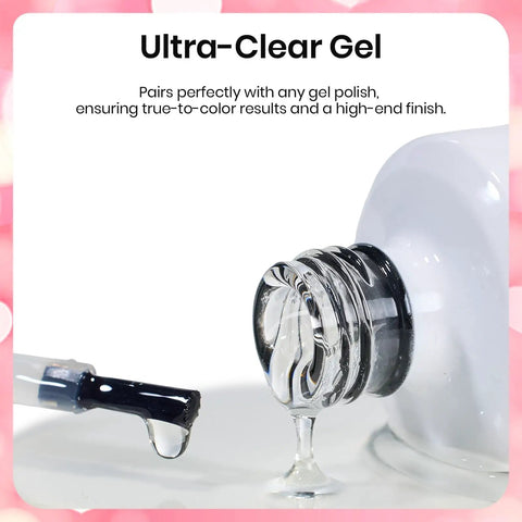 Clear gel being poured from bottle, part of Blooming Gel Nail Kit With Clear Base For Flower Marble Watercolor Effects Soak Off UV LED Polish Red Accent Nail Polish Nail Art Brush Hema Free Aura Nails DIY Gift Set.