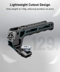 Lightweight Top Handle Grip for DSLR Camera Cage, 129g aluminum alloy rig with cold shoe base and adapter, side view.