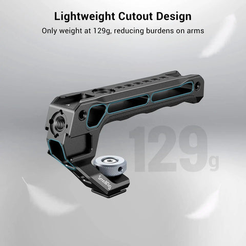 Lightweight Top Handle Grip for DSLR Camera Cage, 129g aluminum alloy rig with cold shoe base and adapter, side view.
