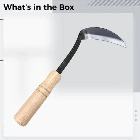 Left Handed Weeding Sickle With Beech Handle, 4.3 Inch Carbon Steel Cutter, shown with ergonomic Japanese style grip